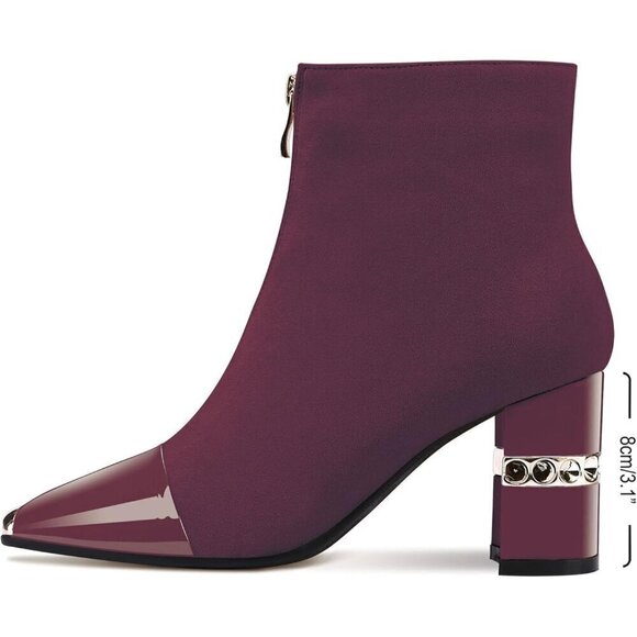 Ankle Booties Block Heeled Burgandy Suede Short Boots Front Zipper Boots - Picture 2 of 6